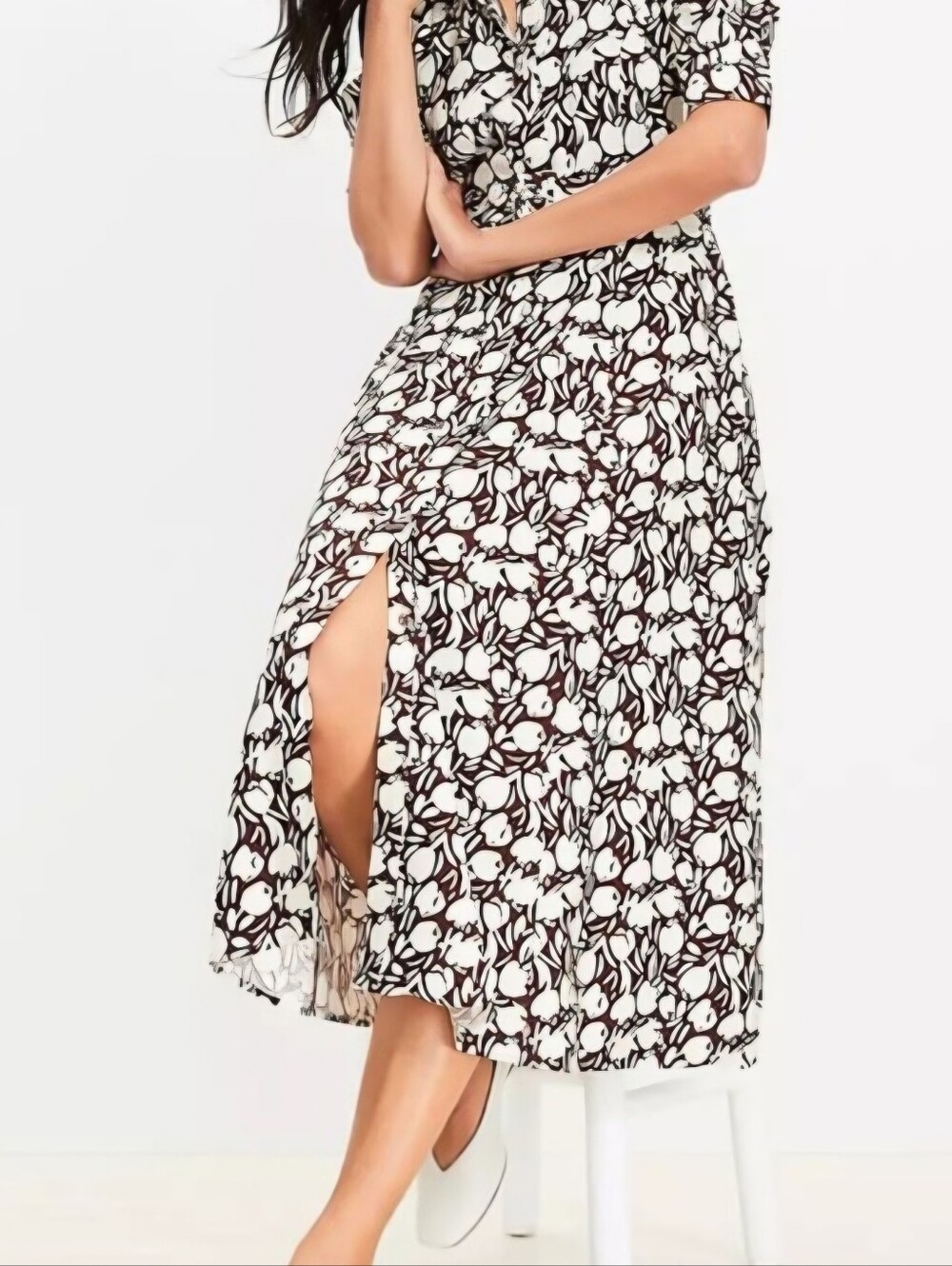 Loft Brown & White Floral Belted Midi-Dress with 3/4 Puff Sleeves